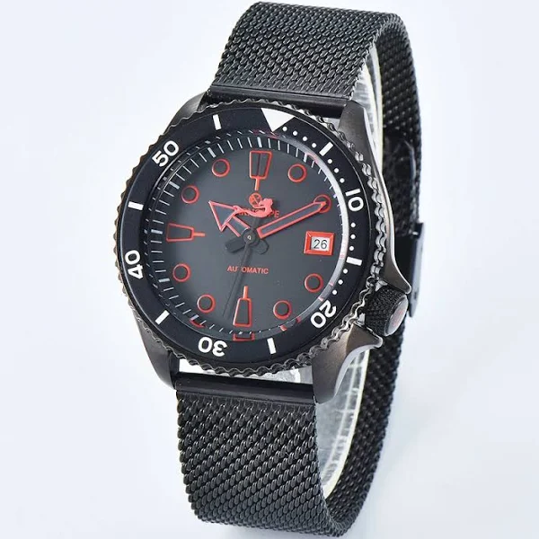 PARNSRPE automatyczny zegarek męski NH35 męski zegarek mechaniczny z czarną czerwoną tarczą zegarek