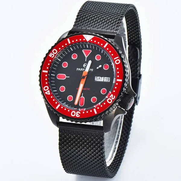 Zegarek męski serii PARNSRPE NH36 z czerwoną ozdobną tarczą i wskaźnikiem daty dziennej Sportowy