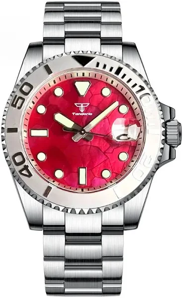 Tandorio NH35A modna czerwona tarcza z masy perłowej świecąca 40mm 20Bar męska automatyczna zegarek