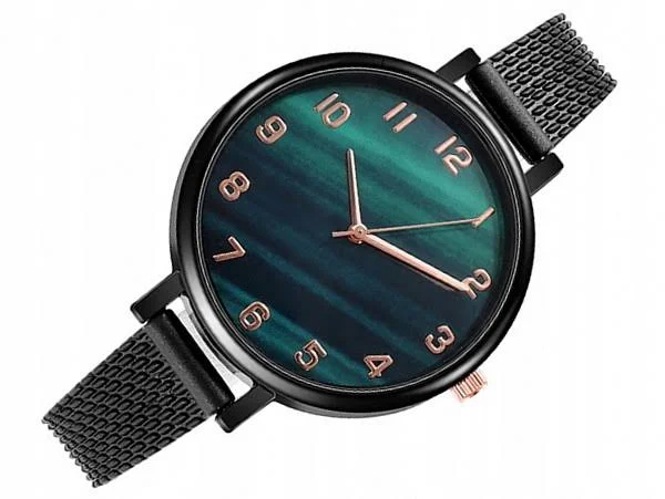Czarny Zegarek Damski Slim Zielona Tarcza