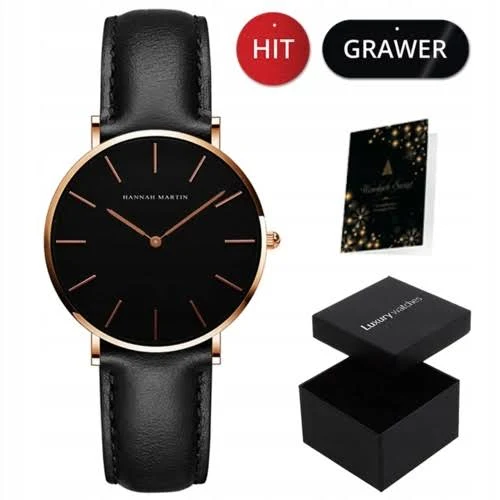 Zegarek damski pasek skórzany czarny złoty