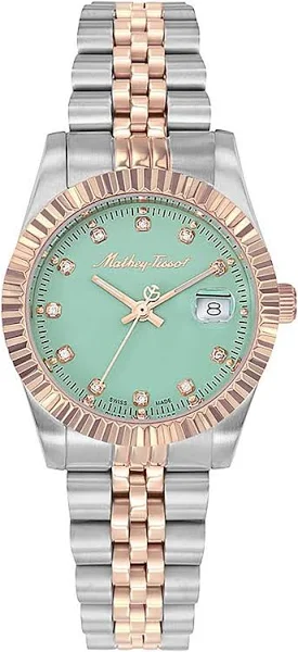 Mathey-Tissot Mathy III Dwukolorowy zegarek damski ze stali nierdzewnej z zieloną tarczą i kwarcem D810RV