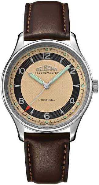 Męski srebrny zegarek Delbana Watches ze skórzanym paskiem Recordmaster Mechanical Silver / Gold 40MM