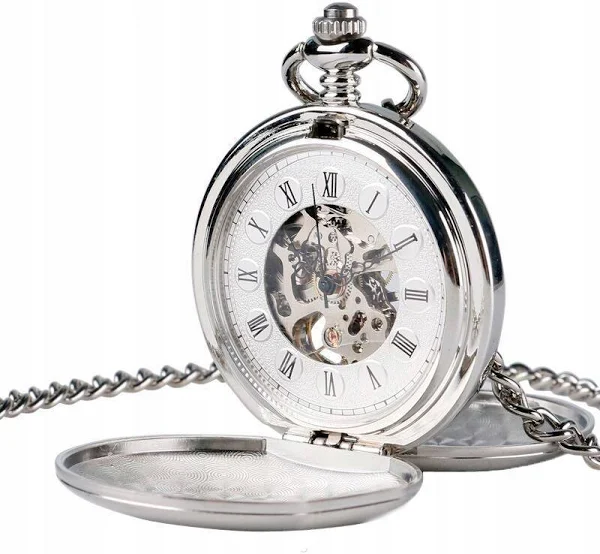 Mechaniczny Zegarek Kieszonkowy Srebro Szkielet