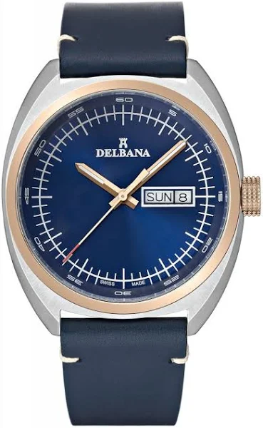 Męski srebrny zegarek Delbana Watches ze skórzanym paskiem Locarno Silver Gold / Blue 41,5MM