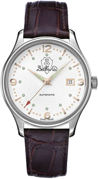 Męski srebrny zegarek Delbana Watches ze skórzanym paskiem Della Balda White / Brown 40MM Automatic
