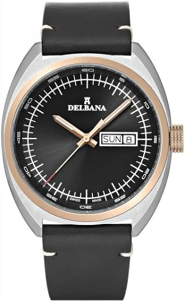 Męski srebrny zegarek Delbana Watches ze skórzanym paskiem Locarno Silver Black 41,5MM