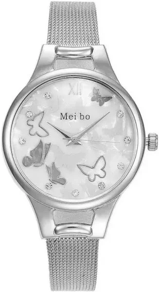 SAXO Srebrny damski zegarek z motylkami na tarczy z bransoletą Mei Bo S