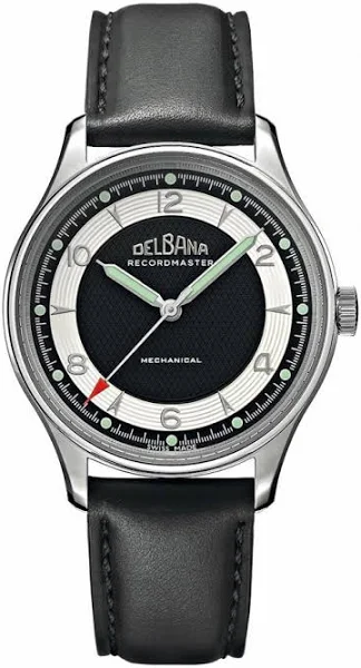Męski srebrny zegarek Delbana Watches ze skórzanym paskiem Recordmaster Mechanical Black 40MM