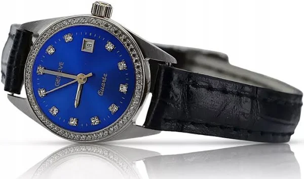 Zegarek damski z białego złota 14k Geneve lw078wdblz z niebieską tarczą