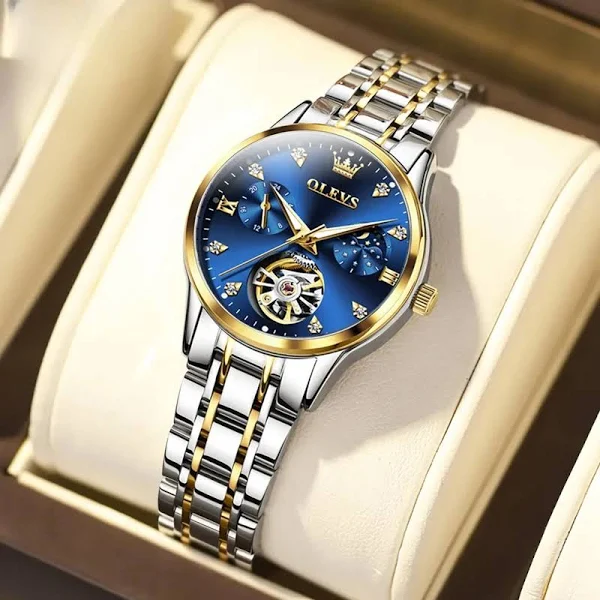 OLEVS zautomatyzowany mechaniczny damski zegarek Skeleton pusty faza księżyca wyświetlanie daty