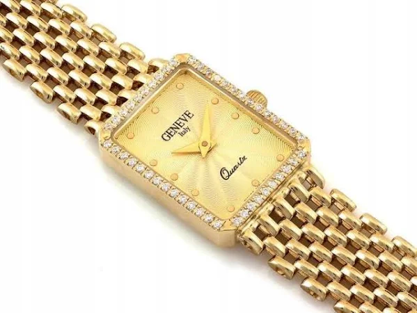 Zegarek złoty 585 z prostokątną tarczą elegancki na ręke z cyrkoniami 14k