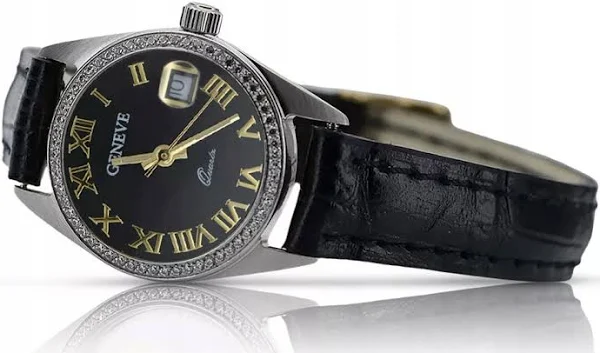 Zegarek damski z białego złota 14k Geneve z czarną tarczą lw078wdbc
