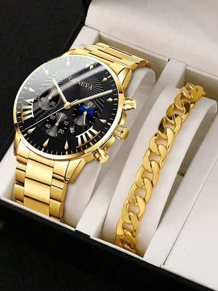Zestaw 2 sztuk Modne męskie zegarki z kalendarzem Business Casual Złoty łańcuszek Zegarek kwarcowy ze stali nierdzewnej,Złoty Czarny