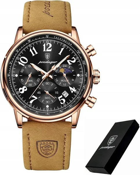 Złoty Zegarek Męski Na Skórzanym Pasku Poedagar Chronograf Pudełko Data