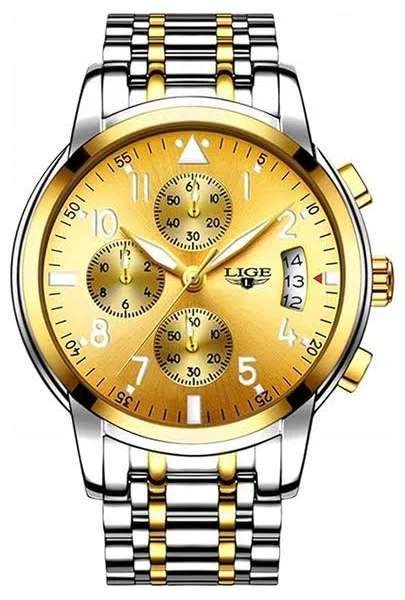 Zegarek męski Lige bransoleta czarny złoty chronograf datownik