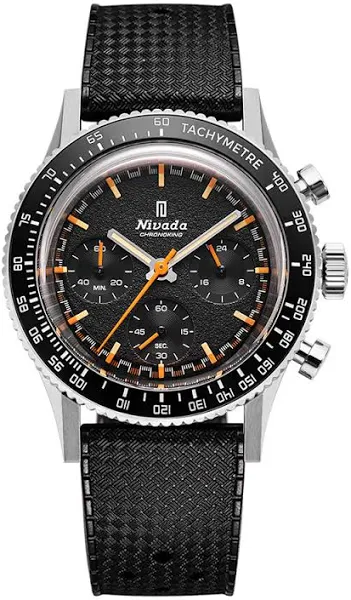 Srebrny zegarek męski Nivada Grenchen z gumowym paskiem Tachymeter Bezel Chronoking Mecaquartz Inter. Bezel Black Rubber Tropic 87040Q01 38MM