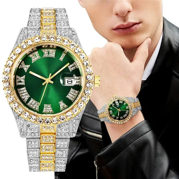 Nowy zegarek męski 2024 Luxury Iced Out Diamond Quartz Zegarki męskie Kalendarz Hip Hop męski zegar