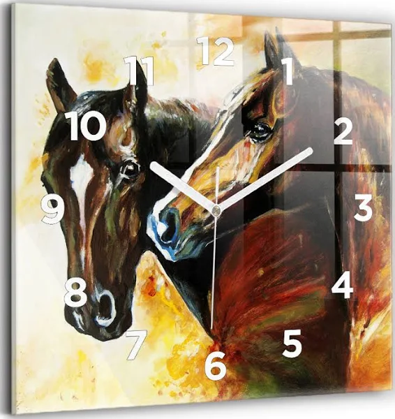 Zegar szklany 30x30 Obraz z dwoma końmi