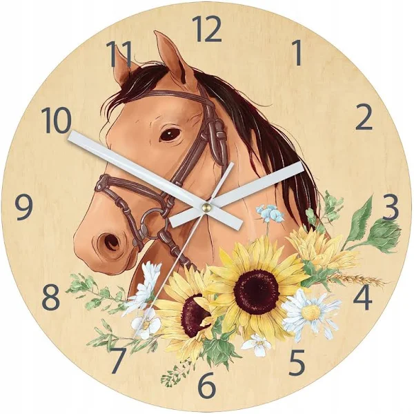 Zegar Brzozowy ze Wzorem Konia Ścienny Akrylowy Kon Brązowy Okrągły