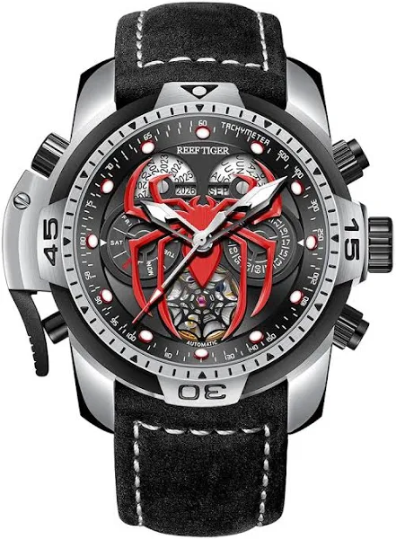REEF TIGER High-End świecący sportowy zegarek automatyczny pająk tarcza z rokiem miesiąc wieczny kalendarz skórzane zegarki mechaniczne RGA3532SP