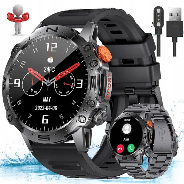 Wojskowy Zegarek Smartwatch Pulsometr Rozmowy Polskie Menu Mocna Bateria