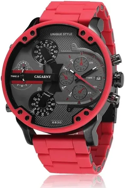 Dropshipping 57mm 3D duża tarcza czerwony zegarek mężczyzn silikonowy pasek stalowy męski zegarek na