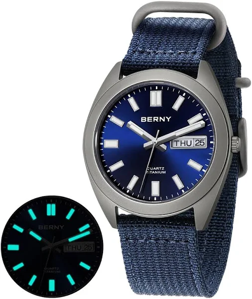 BERNY tytanowy zegarek męski na kolację świecący sportowy zegarek kwarcowy Super świecący szafir