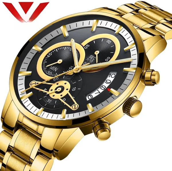 NIBOSI zegarek kwarcowy mężczyźni złoty czarny męskie zegarki Top marka luksusowe Chronograph