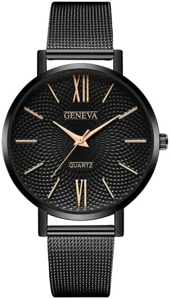 2021 nowy zegarek Geneva kobiety czarne zegarki siatka ze stali nierdzewnej pasek kwarcowy na rękę