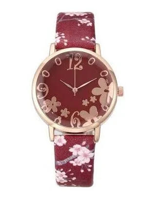 Zegarek Damski Kwiaty Z Paskiem Bordowy 912