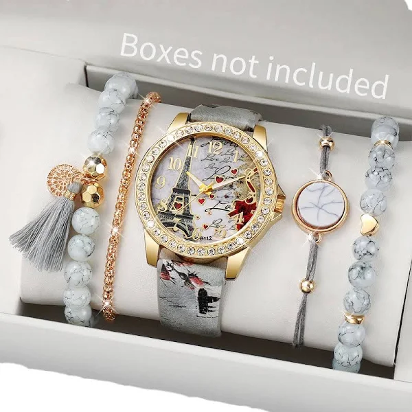 5 sztuk/zestaw moda Rhinestone damski zegarek kwiaty drukowany skórzany pasek kobiece zegarki