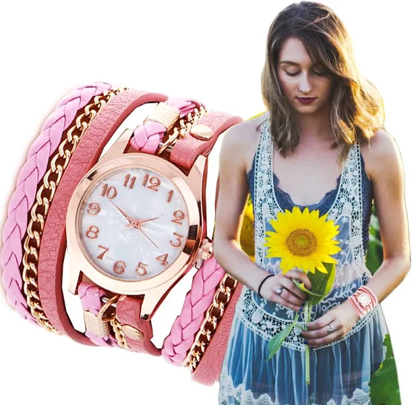 Zegarek Damski Rzemyk Skórzany Boho Owijka Złoty