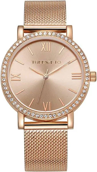 TREEWETO damski zegarek na rękę kryształ Mesh stal szlachetna pasek damski kwarcowy diament klasyczne rzymskie cyfry