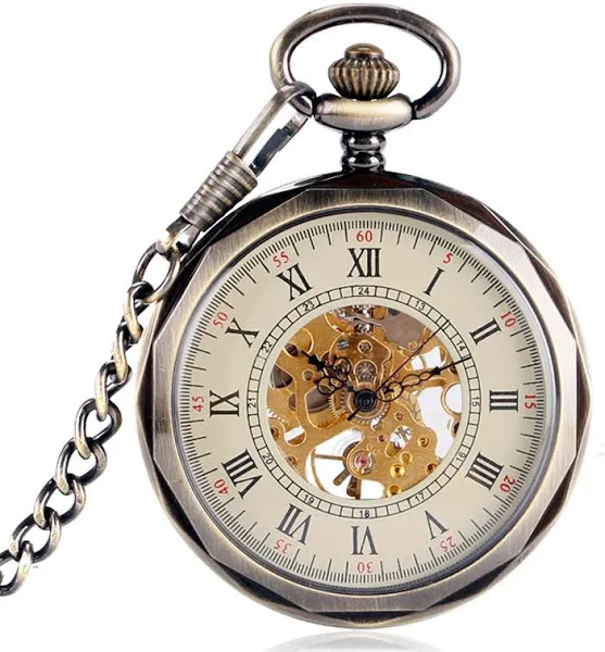 Rzymskie cyfry z otwartą twarzą z brązu mechaniczne ręczne nakręcanie męski zegarek kieszonkowy