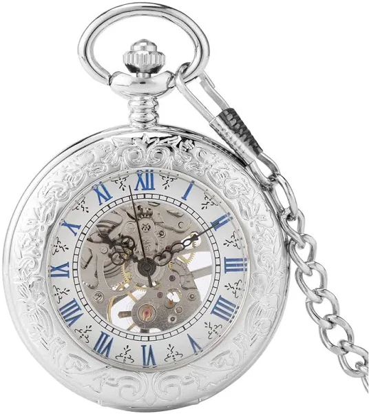 Srebrny mechaniczny ręcznie nakręcany w starym stylu kieszonkowe zegarek wykwintne niebieskie cyfry