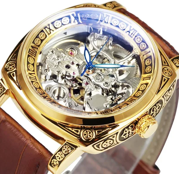 Kwadratowe Retro złote mechaniczne męskie zegarki Top marka luksusowy szkielet automatyczny zegarek