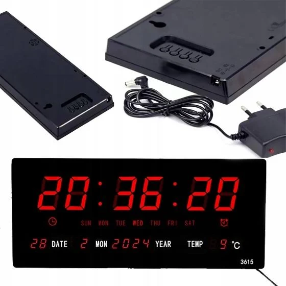 Zegar Cyfrowy Ścienny Led Duży Xxl Elektroniczny Data Temperatur Cichy 36cm