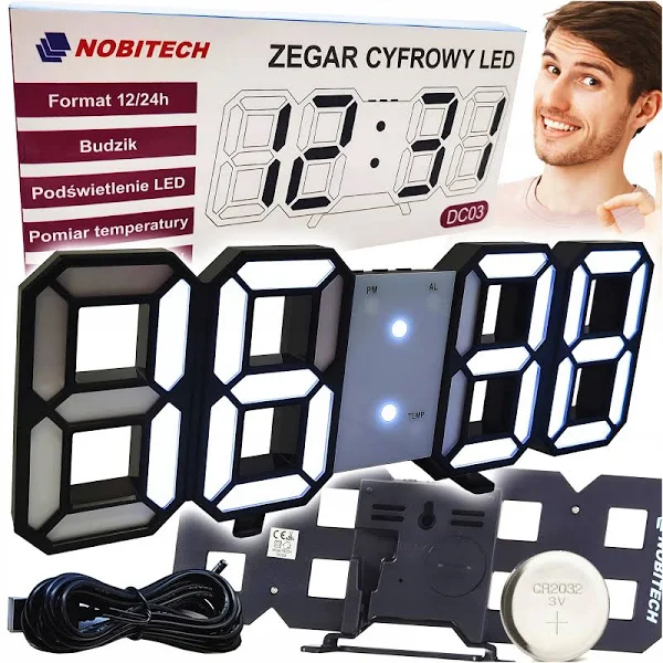 Duży Zegar DC03 Ścienny Stołowy biały Led Elektroniczny Cyfrowy Data