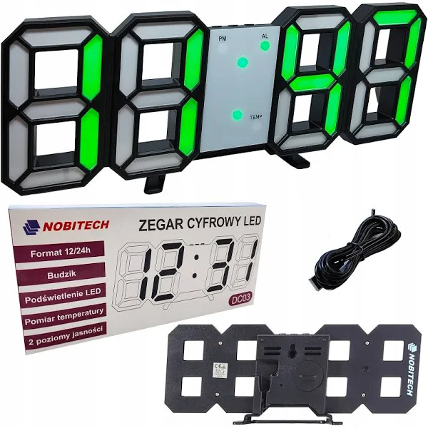 Duży Zegar DC03 Ścienny Stołowy zielony Led Elektroniczny Cyfrowy Data