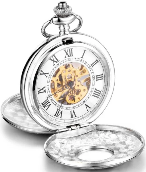Zegarek mechaniczny kieszonkowy srebrny duży z długim łańcuszkiem