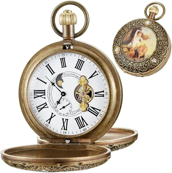 NOWY klasyczny faza księżyca Retro pani zegarek kieszonkowy szkielet ręcznie nakręcany zegar