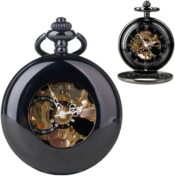 NOWY całkowicie czarny odwróć mechaniczny zegarek kieszonkowy