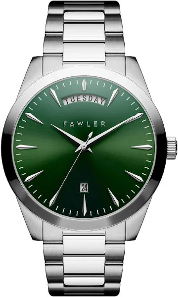Fawler Eric Srebrzysty zegarek ze stali nierdzewnej z zieloną tarczą oraz datownikiem i dniem tygodnia