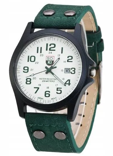 Zegarek Zielony Męski Skórzany Biała Tarcza Soki
