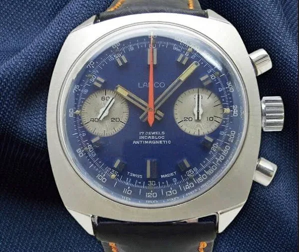 Lanco Chronograf Incabloc 2002-9 Tarcza Niebieski Vintage Zegarek