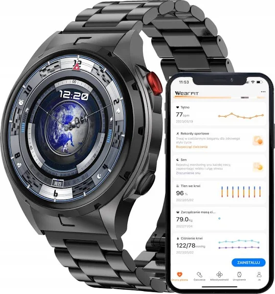 Wenom Smartwatch Męski Zegarek AMOLED Czarny Tętno Ciśnienie Smart Watch Sport