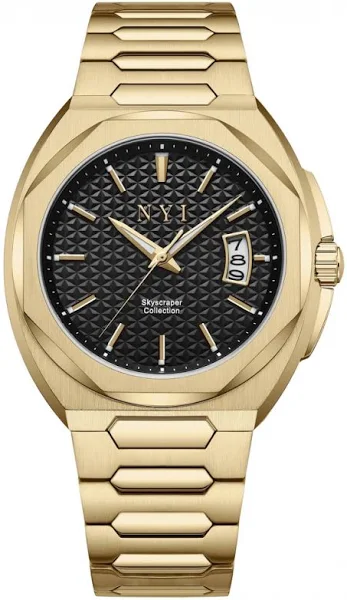 Złoty zegarek męski NYI Watches ze stalowym paskiem Empire
