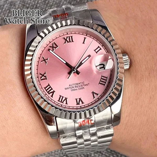 BLIGER 36mm 39mm Sunburst Pink Dial srebrny cyfry rzymskie NH35A automatyczny zegarek męski stal