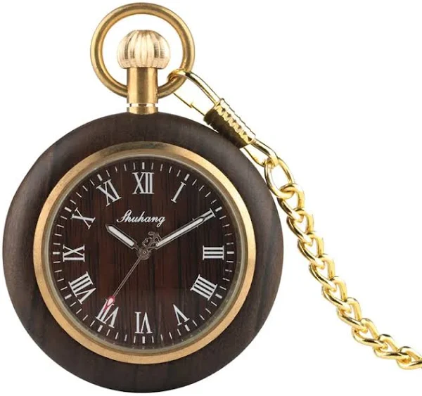 Cyfry rzymskie drewniany zegarek kieszonkowy kwarcowy złoty zegarek na łańcuszku Fob wisiorek zegar